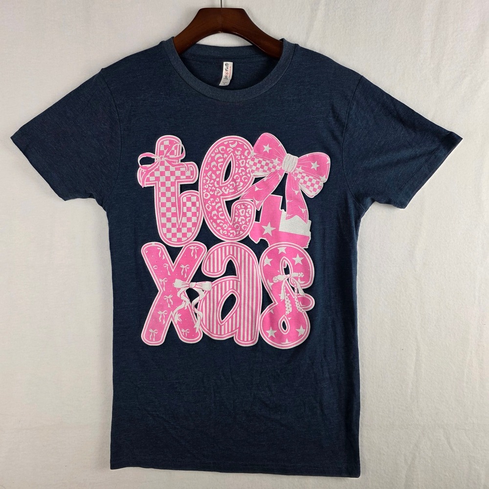 Love in Faith Women's Navy Blue "Texas" Bow Leopard Graphic T-Shirt Size S
